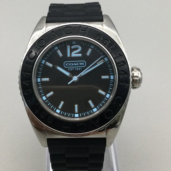 Coach Boyfriend Watch Unisex 38mm Silver Tone Black Dial Blue Index New Battery - Picture 1 of 15